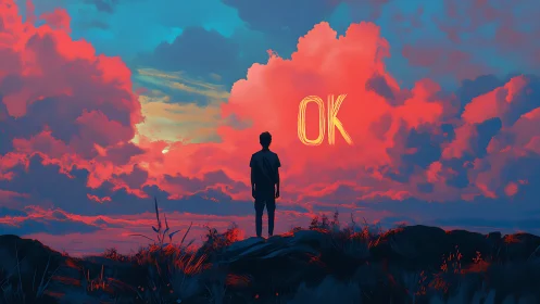 Silhouetted person stands facing neon OK text in clouds