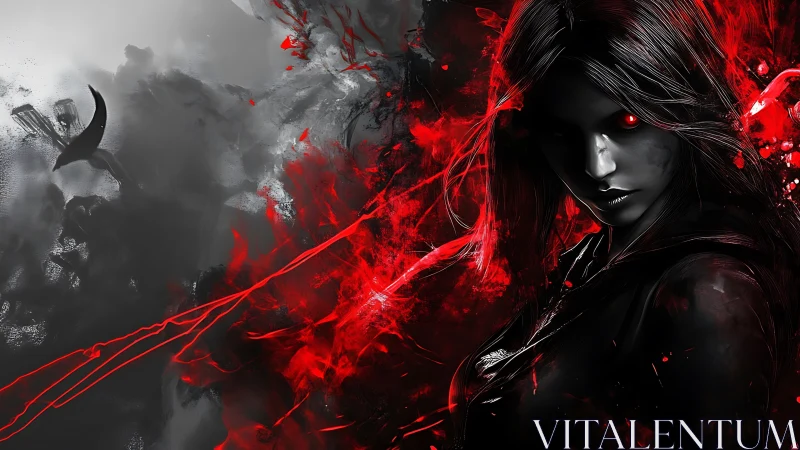 Dark sorceress with red energy in abstract chaos field.