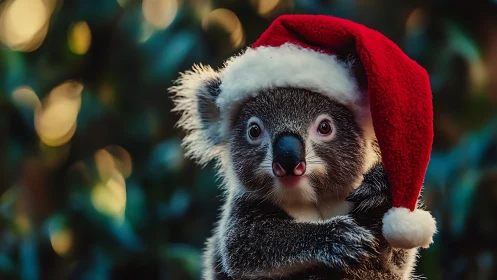 Festive koala astonished in a plush red Santa hat.