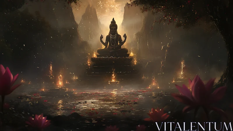 Golden deity statue glows above lotus pond in misty canyon