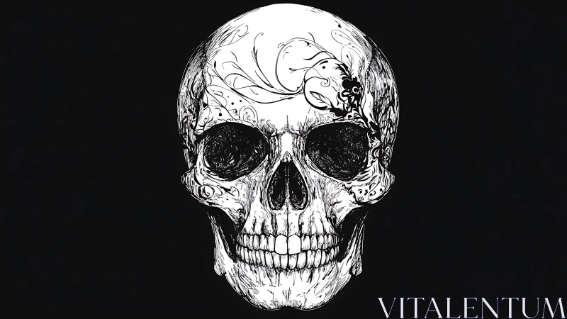 Intricate floral skull drawing glowing from dark silence.