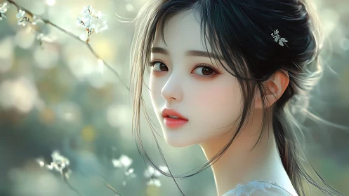 Soft-focus spring portrait of serene anime-style girl.