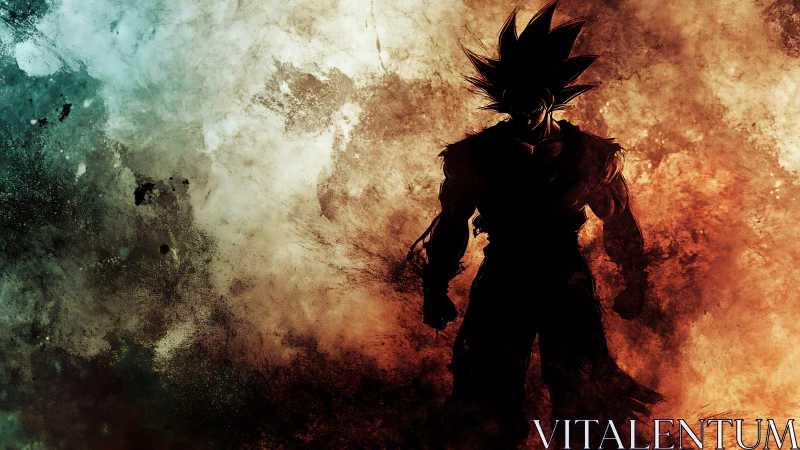 Silhouetted spiky-haired warrior in fiery abstract scene.