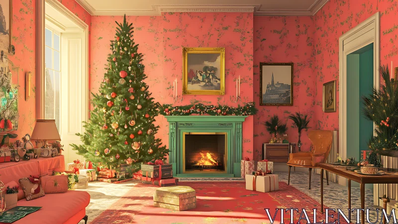 Photorealistic Christmas parlor with decorated hearth focus.