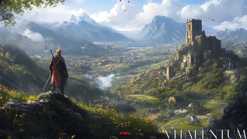 Lone cloaked warrior surveys vast valley and distant citadel
