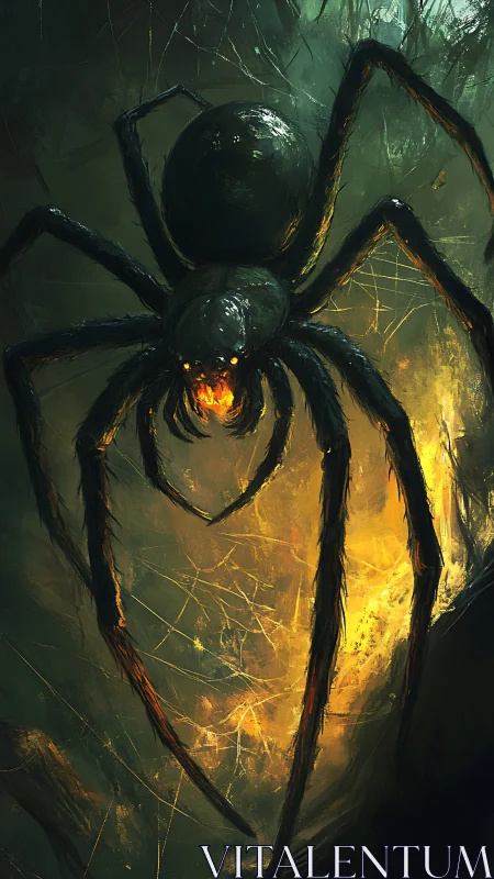 Giant fire-lit spider descends through torn shadowed web