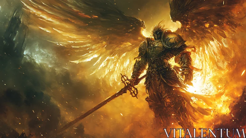 Armored seraphim warlord amid apocalyptic inferno sky