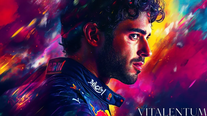 Racing driver portrait ignites in neon speed and color storm.