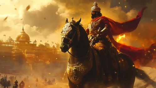 Armored rider on horse passes burning fortress complex