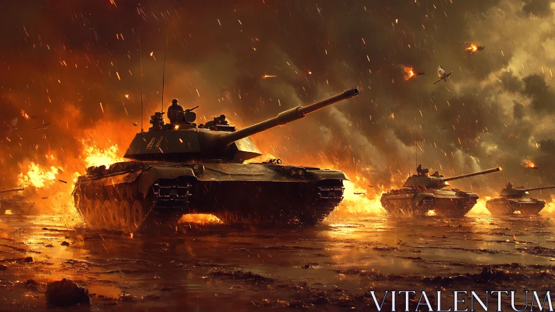 Armored tanks advancing through fire on a muddy battlefield.