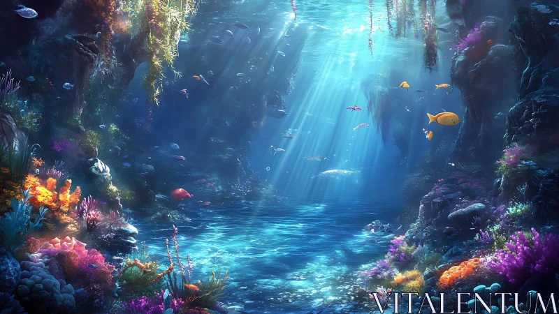 Digital painting of luminous coral reef cavern with shafts of light.