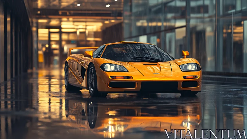 Gold supercar hums across rain-slicked city glass canyon