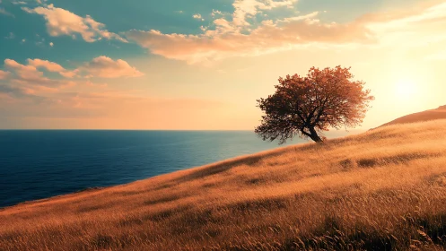 Lone tree on golden hillside above calm ocean at sunset.