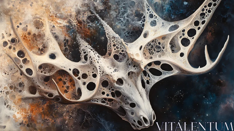 Ethereal cosmic skull drifting through a dreamy starlit void.