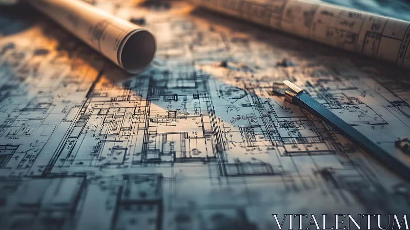 Architectural blueprints layered with rolled documents and precision drafting instruments in warm st