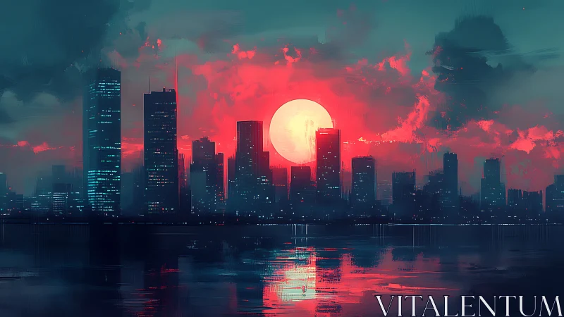 Neon dusk skyline with blazing sun over reflective bay.