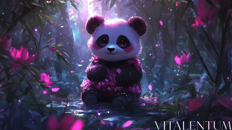 Cute baby panda in glowing flower forest at night.