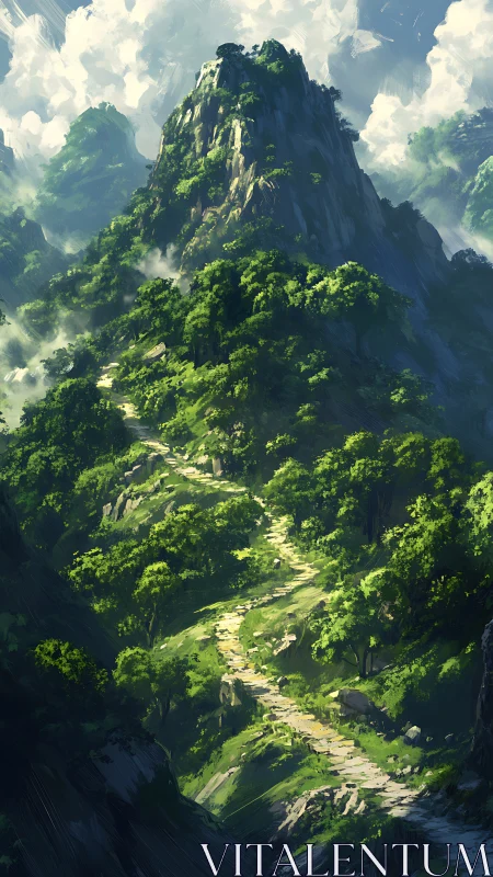 Sunlit stone path winds toward a misty emerald mountain peak