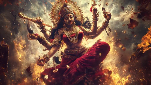 Fiery goddess dances in swirling smoke, gold, and stormlight