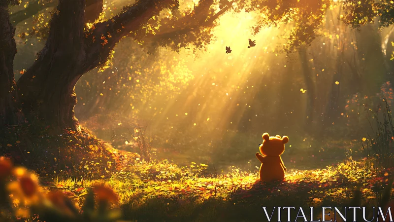 Small bear figure in sunlit forest clearing at dawn.
