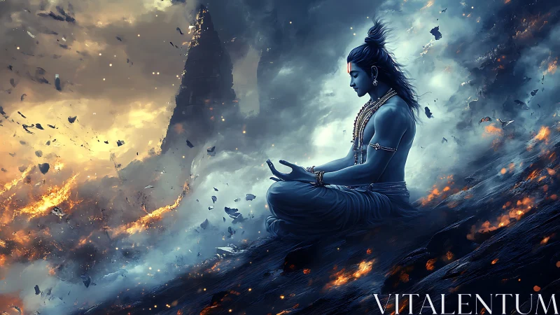 Blue deity meditating amid storm and glowing embers.