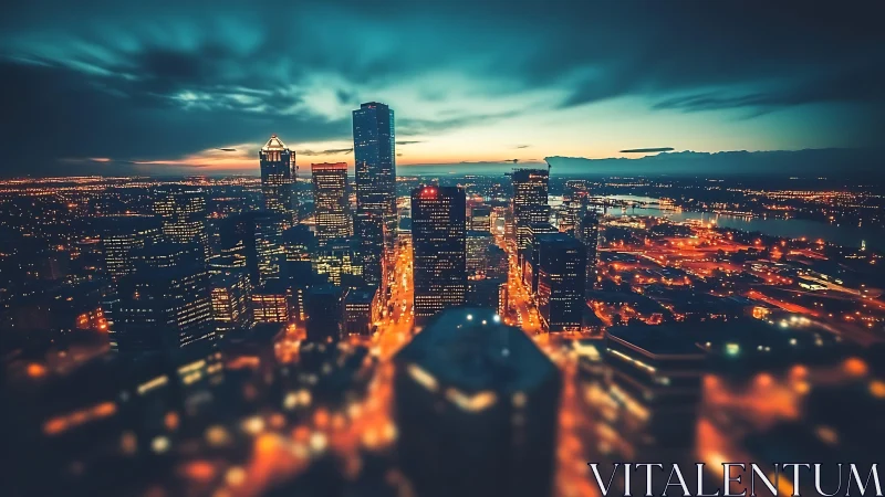 City skyline glows under blue dusk sky in aerial view