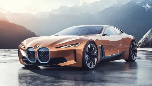 Copper comet coupe hums across frost-bright mountain silence