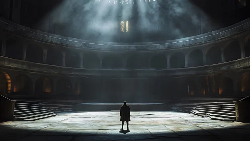 Solitary figure bathed in light within a vast stone hall.
