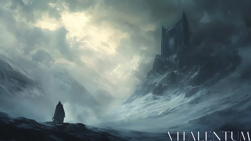 Lone cloaked figure crossing frozen pass toward dark citadel.
