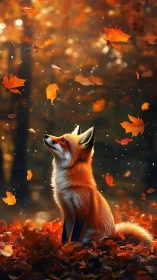Autumn forest fox watches swirling golden leaves. Period.