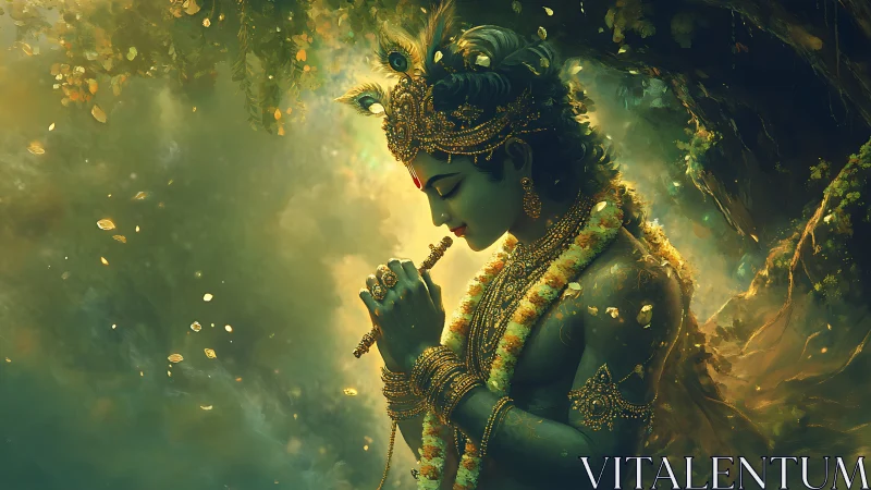 Divine musician stands in golden forest light and serene mist