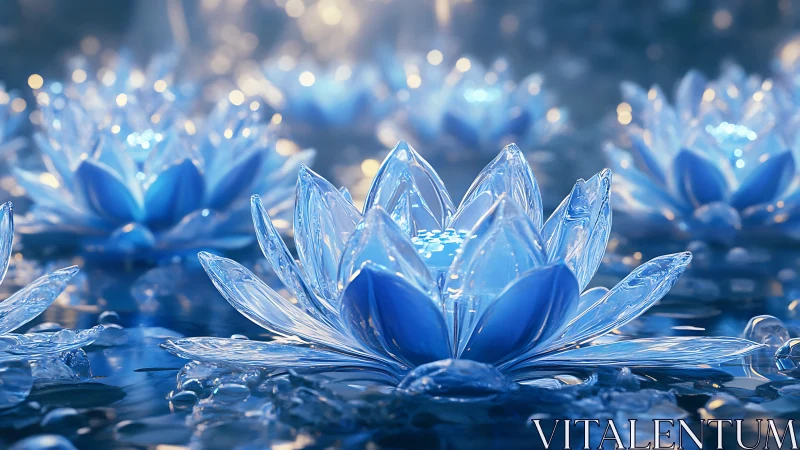 Crystal ice lotus flowers with translucent petals in blue
