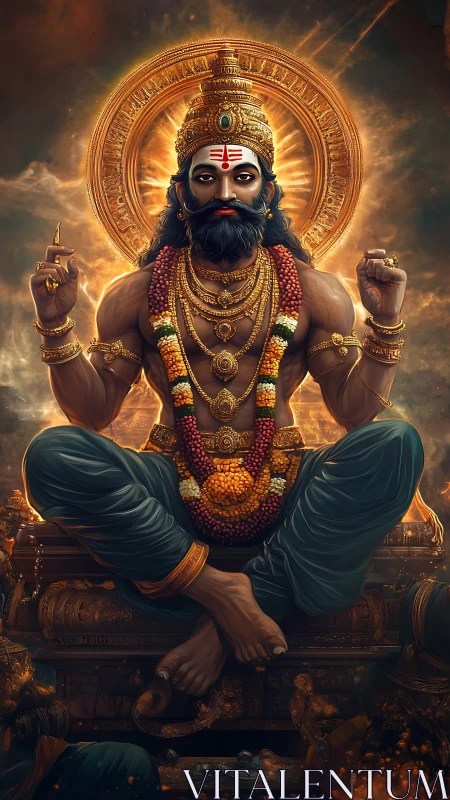 Radiant warrior sage enthroned in blazing divine aureole.