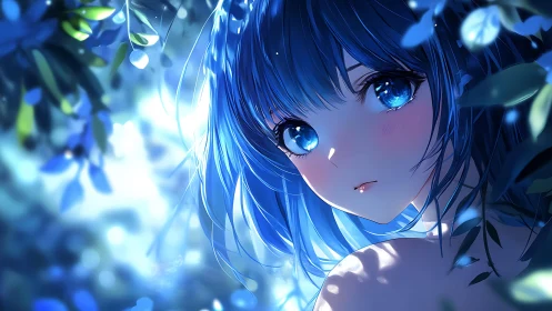 Moonlit blue‑haired girl amid glowing forest leaves.
