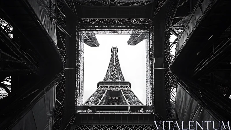 Structural convergence beneath iron lattice tower frame.