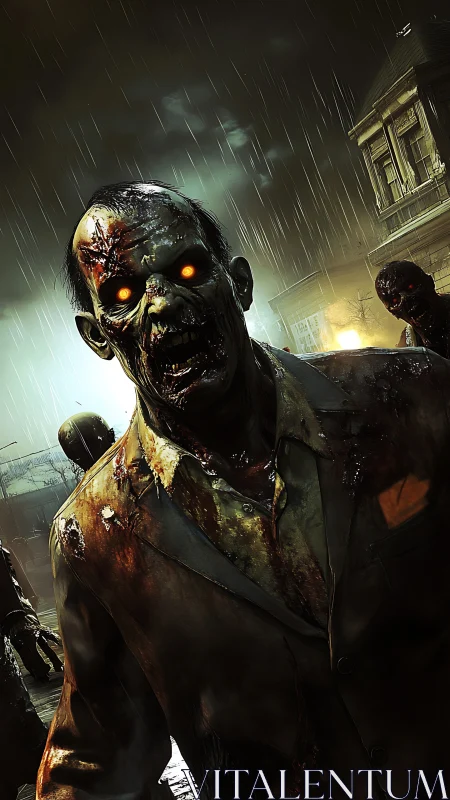 Glowing-eyed zombie lunges through rainy ruined street.