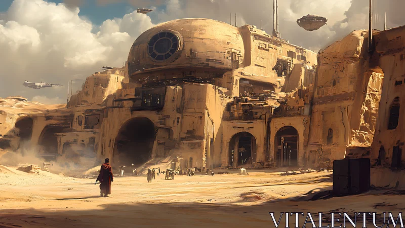Desert stronghold beneath massive dome and hovering craft.