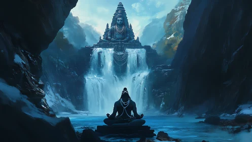 Mountain deity and meditating yogi beneath cascading silence.