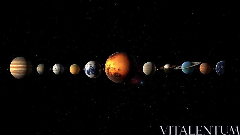 Solar system planets aligned with Mars dominating central frame