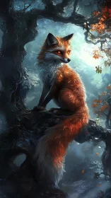 Mystic red fox poised on twisted forest branch at dawn.