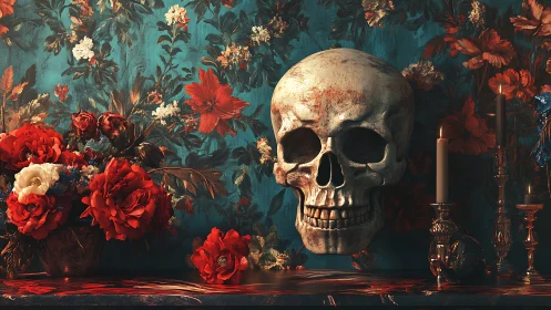 Velvet skull and scarlet blooms in baroque twilight still life.