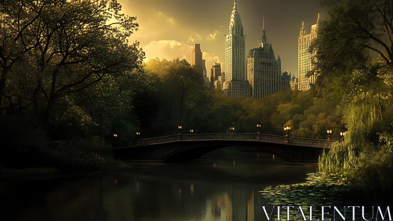 Golden hour urban park bridge frames neo-gothic skyline reflection