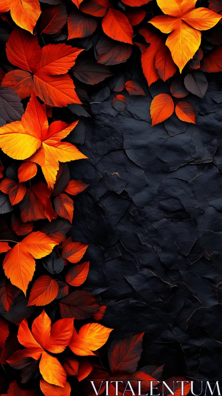 Fiery autumn leaves frame deep textured black stone wall.