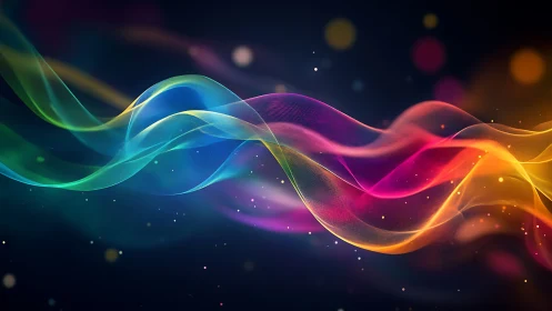 Colorful light waves flowing across dark abstract space.