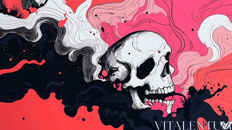 Skull adrift in neon smoke tides of pink and midnight ink.