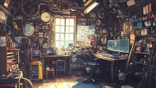 Sunlit workshop studio packed with tools, screens, and notes.