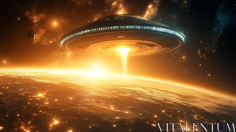 UFO spacecraft hovers over glowing planet with energy beam