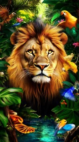 Majestic jungle lion amid vibrant tropical wildlife.