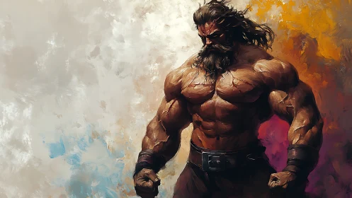 Muscular warrior in painterly chiaroscuro stands in profile