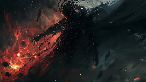 Dark fire entity strides through swirling smoke and ash.